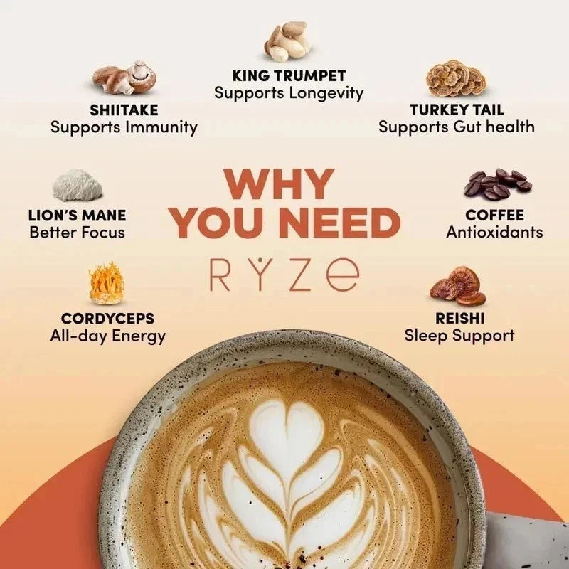 RYZE Organic Mushroom Coffee – 30 Servings Instant Coffee Mix | New |